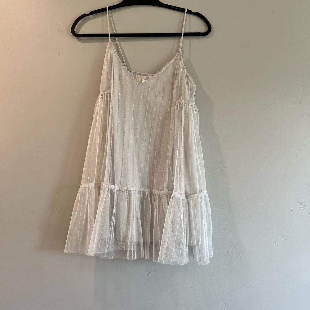 Lucy in the Sky grey and silver striped mesh babydoll mini dress. Size small.